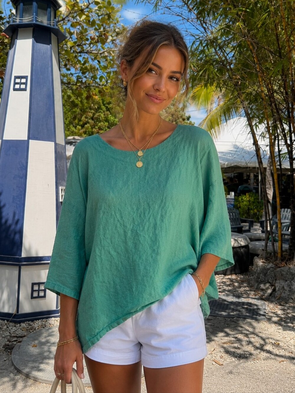 Pure Match Relaxed Boatneck 100% Linen Top in Aqua Green Size Small